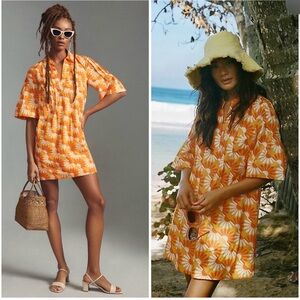 Anthropologie Women'S Printed V-Neck Tunic Dress In Yellow Size L